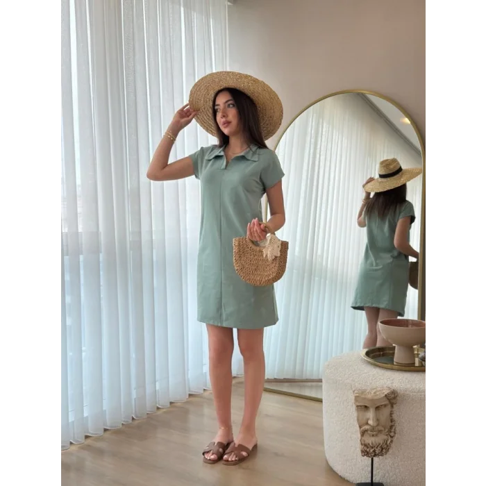 Kadın Kısa Kollu Yakalı Viskon Iki Iplik Elbise