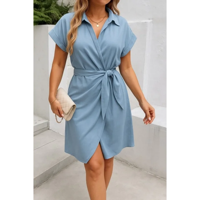 Kadın Kısa Kollu Yakalı Yandan Bağlamalı Dokuma Elbise