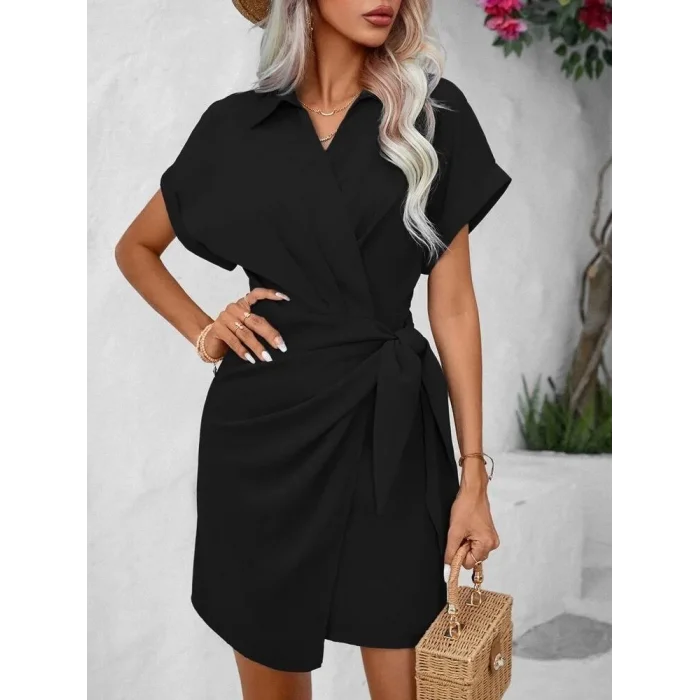 Kadın Kısa Kollu Yakalı Yandan Bağlamalı Dokuma Elbise