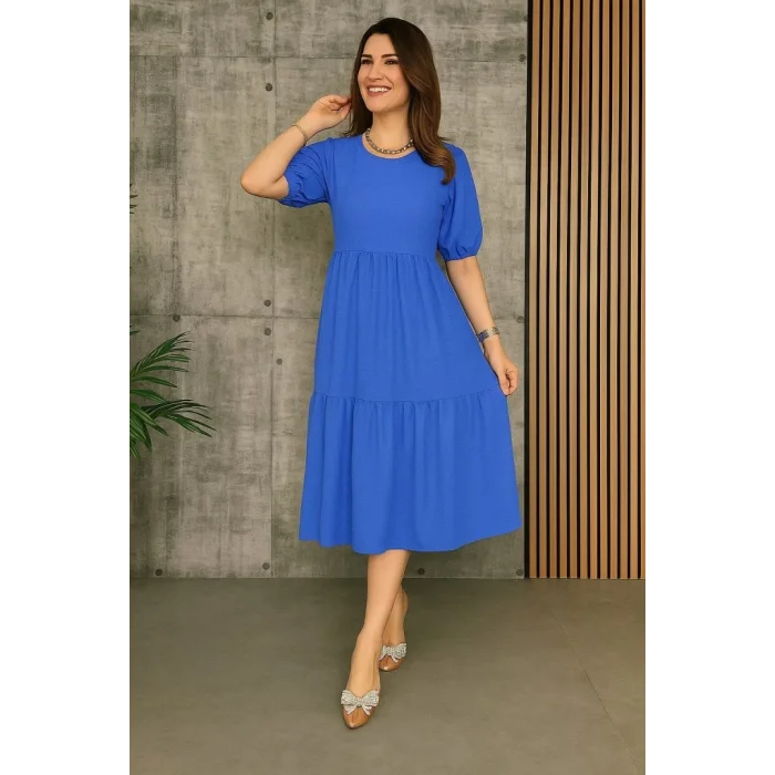 Kadın Kısa Kollu Yakası Açık Katlı Bürümcük Balon Elbise