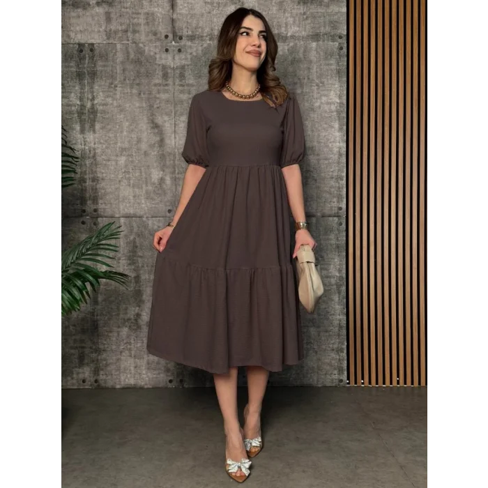 Kadın Kısa Kollu Yakası Açık Katlı Bürümcük Balon Elbise