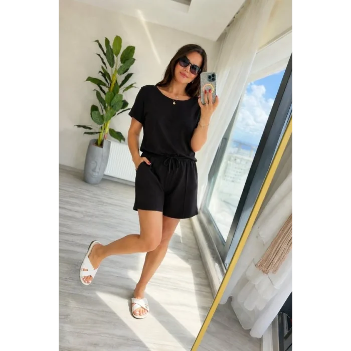 Kadın Kısa Kollu Yakası Açık Modal Bluz Ve Bağcıklı Kısa şort Ikili Takım