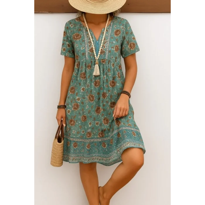 Kadın Kısa Kollu Yakası Bağcıklı önden Düğmeli Fırfır Desenli Süprem Elbise