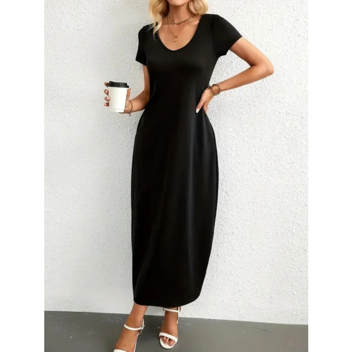 Kadın Kısa Kollu Yakası Yuvarlak Cepli Viskon Elbise