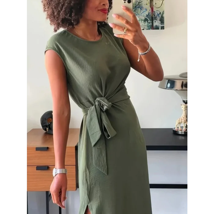 Kadın Kısa Kollu Yuvarlak Yaka Belden Bağcıklı önden Yırtmaçlı Aerobin Elbise