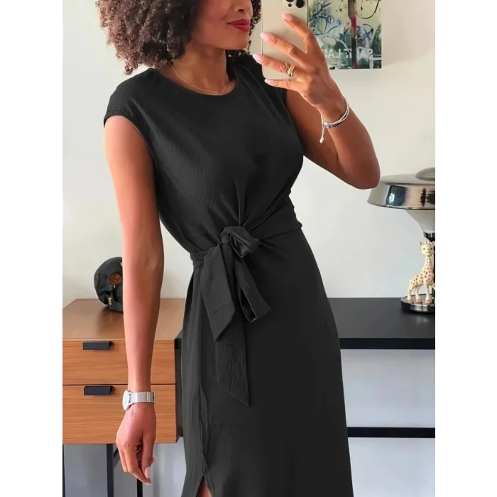 Kadın Kısa Kollu Yuvarlak Yaka Belden Bağcıklı önden Yırtmaçlı Aerobin Elbise