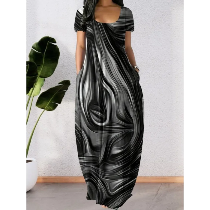 Kadın Kısa Kollu Yuvarlak Yaka Cepli Salaş Baskılı Süprem Elbise