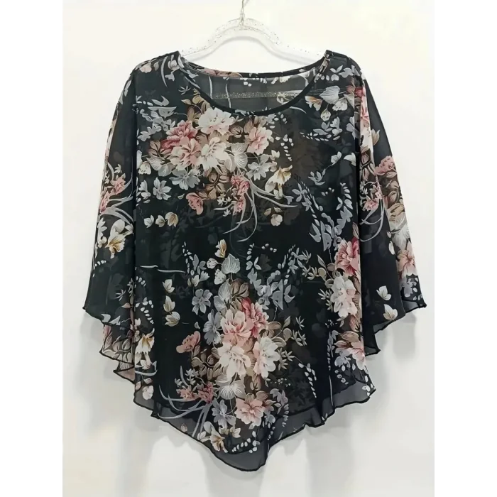 Kadın Kısa Kollu Yuvarlak Yaka çiçek Baskılı Asimetrik Kesim şifon Bluz