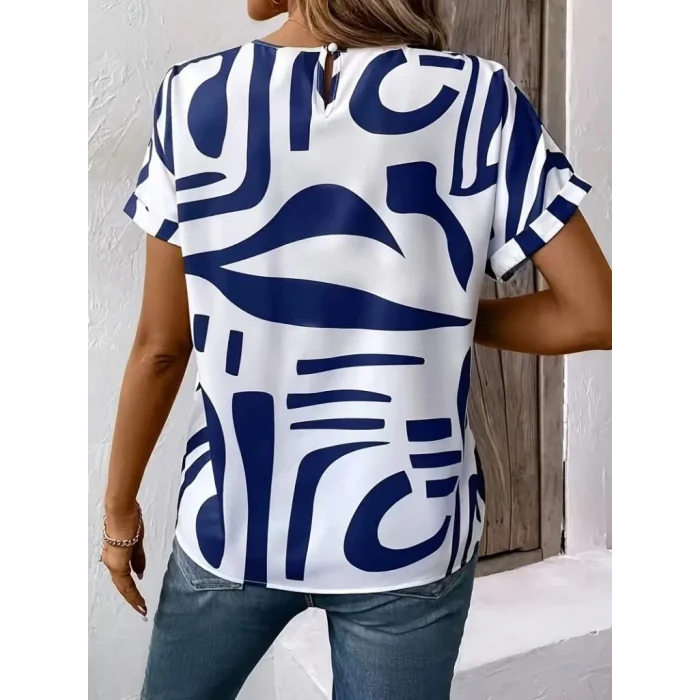 Kadın Kısa Kollu Yuvarlak Yaka Desenli Süprem Bluz