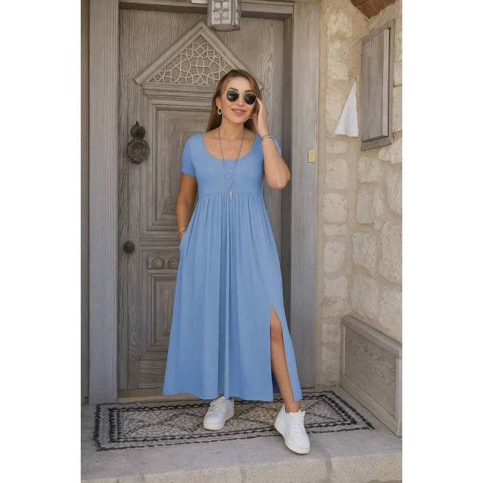 Kadın Kısa Kollu Yuvarlak Yaka önden Yırtmaçlı Cepli Viskon Uzun Elbise