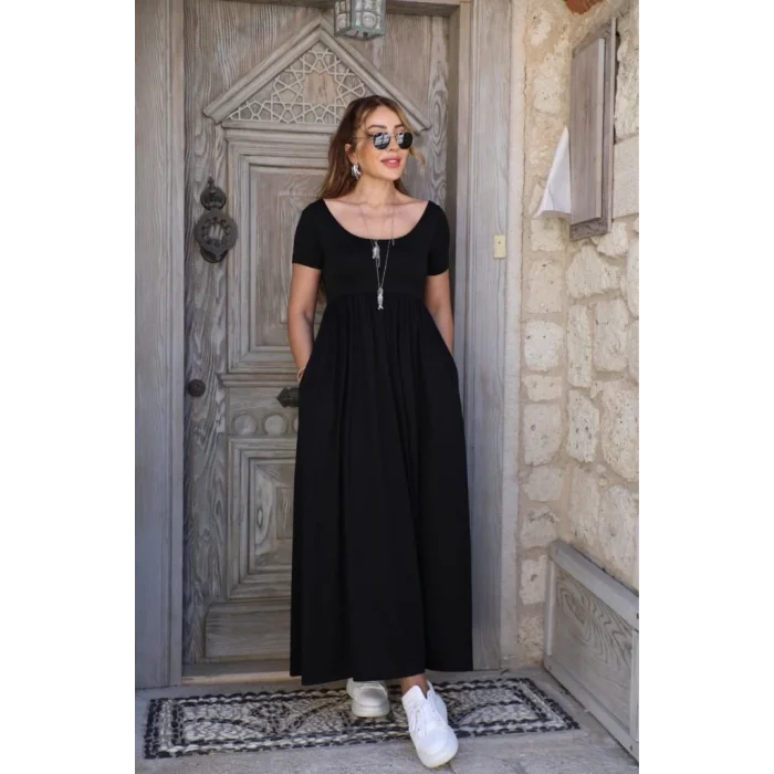 Kadın Kısa Kollu Yuvarlak Yaka önden Yırtmaçlı Cepli Viskon Uzun Elbise