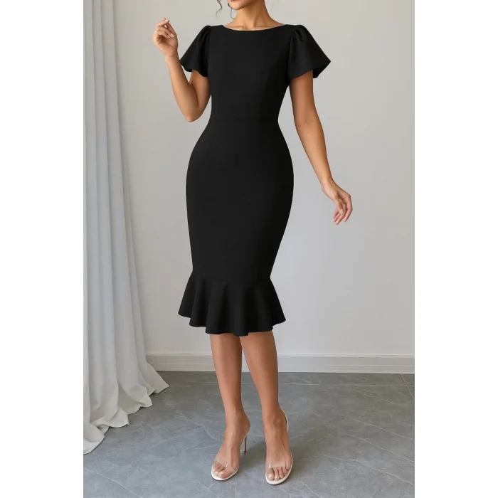 Kadın Kısa Kollu Yuvarlak Yaka Pileli Janjan Krep Elbise