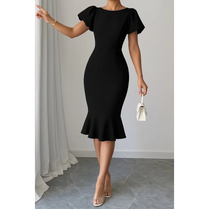 Kadın Kısa Kollu Yuvarlak Yaka Pileli Janjan Krep Elbise