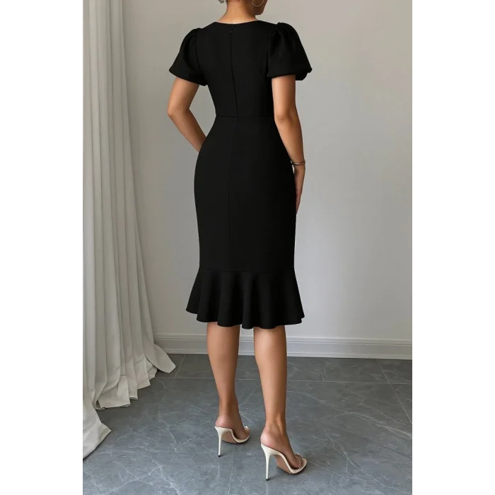 Kadın Kısa Kollu Yuvarlak Yaka Pileli Janjan Krep Elbise