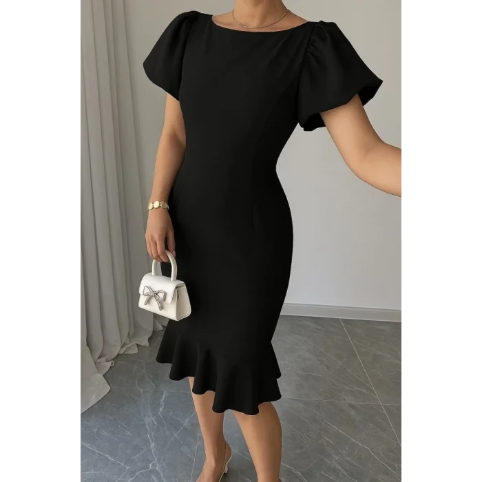 Kadın Kısa Kollu Yuvarlak Yaka Pileli Janjan Krep Elbise