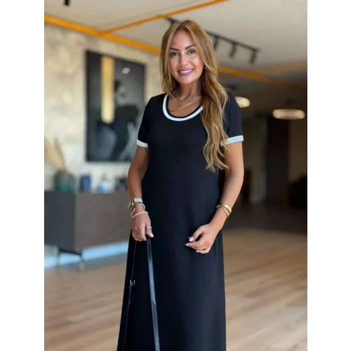 Kadın Kısa Kollu Yuvarlak Yaka Yandan Yırtmaçlı Midi Viskon Elbise