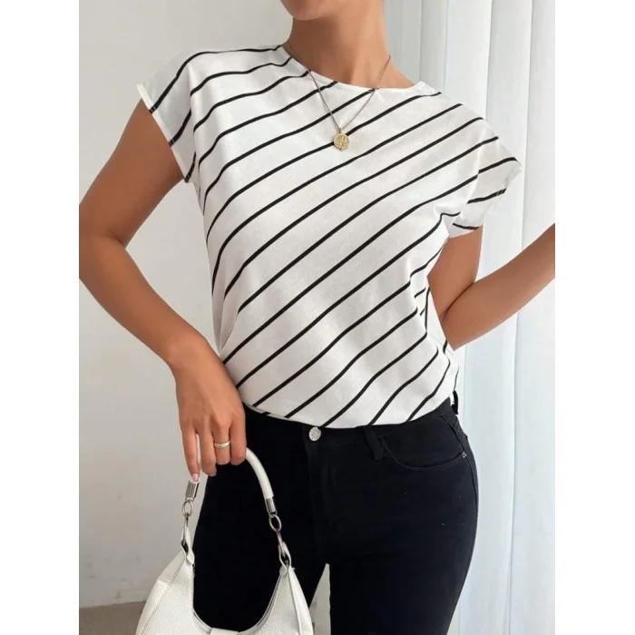 Kadın Kısa Yarasa Kollu Bisiklet Yaka çizgi Desenli Atlas Bluz