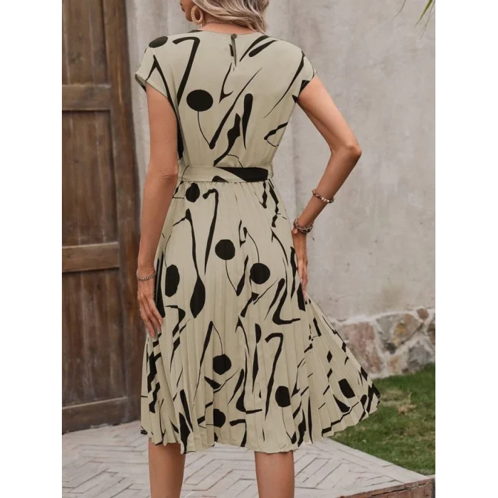 Kadın Kısa Yarasa Kollu Yuvarlak Yaka Beli Büzgülü Süprem Elbise