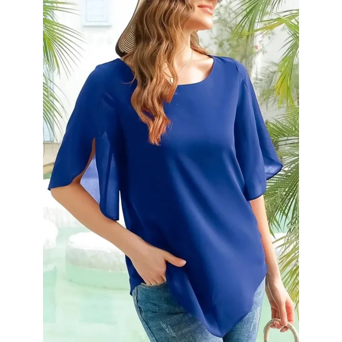Kadın Kısa Yırtmaç Kollu Yuvarlak Yaka şifon Bluz