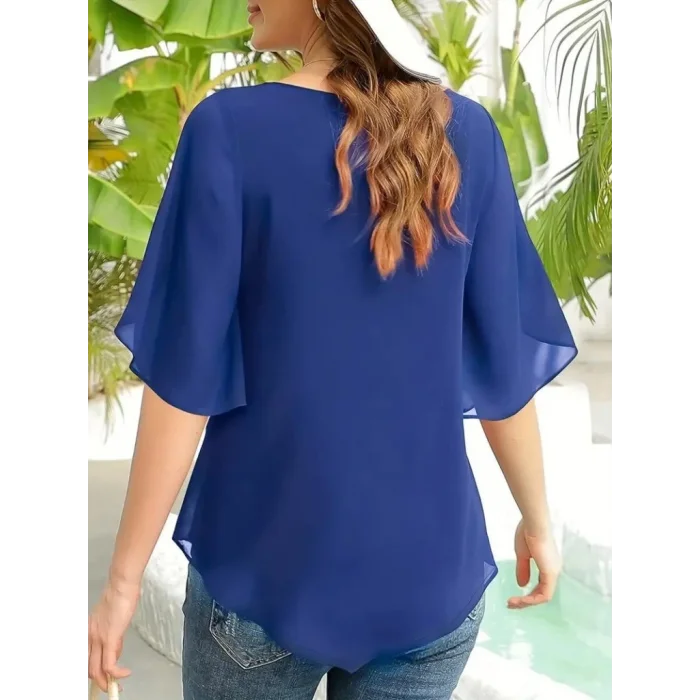 Kadın Kısa Yırtmaç Kollu Yuvarlak Yaka şifon Bluz