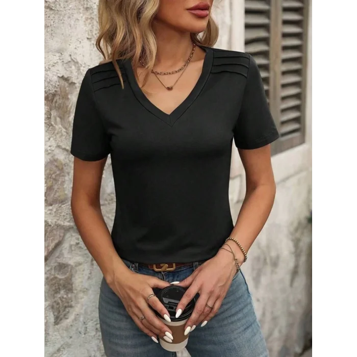 Kadın Kollu V Yakalı Omuzlarda çizgi Detaylı Viskon Bluz