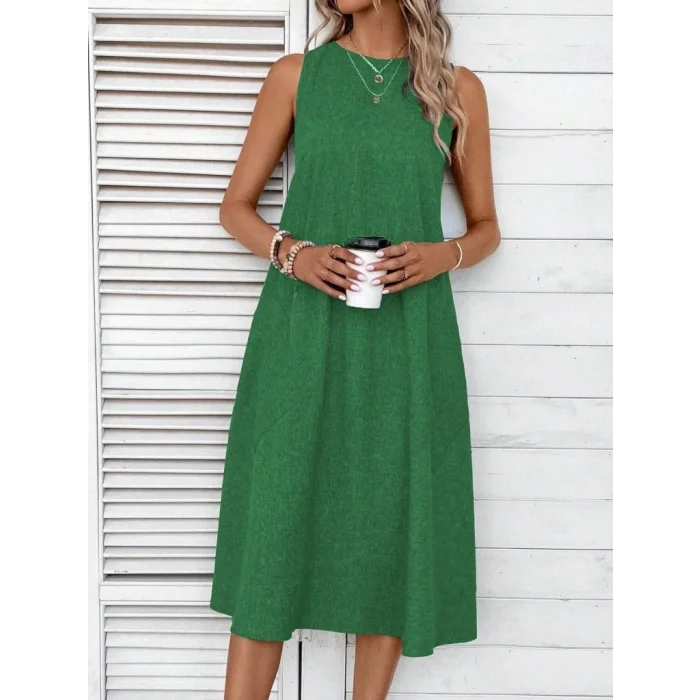 Kadın Kolsuz Bisiklet Yaka Cepli Midi Keten Elbise