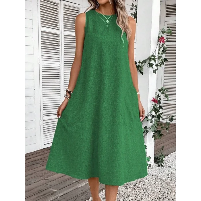 Kadın Kolsuz Bisiklet Yaka Cepli Midi Keten Elbise