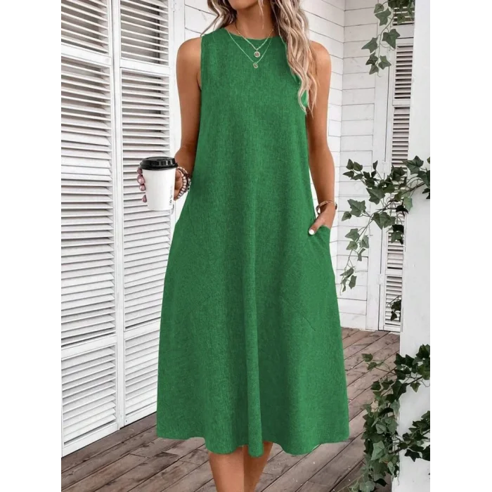 Kadın Kolsuz Bisiklet Yaka Cepli Midi Keten Elbise