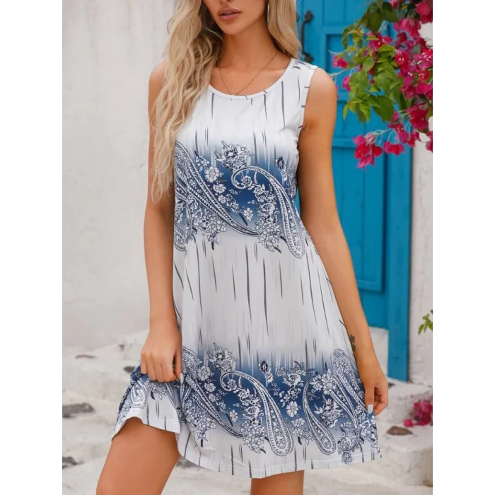 Kadın Kolsuz Bisiklet Yaka Desenli Süprem Elbise