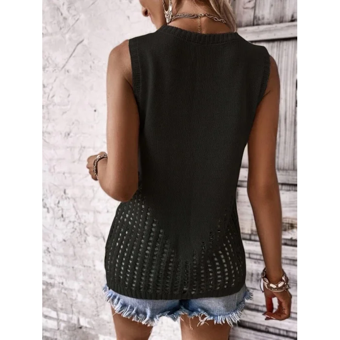 Kadın Kolsuz Bisiklet Yakayanları Ajur Detay Triko Bluz