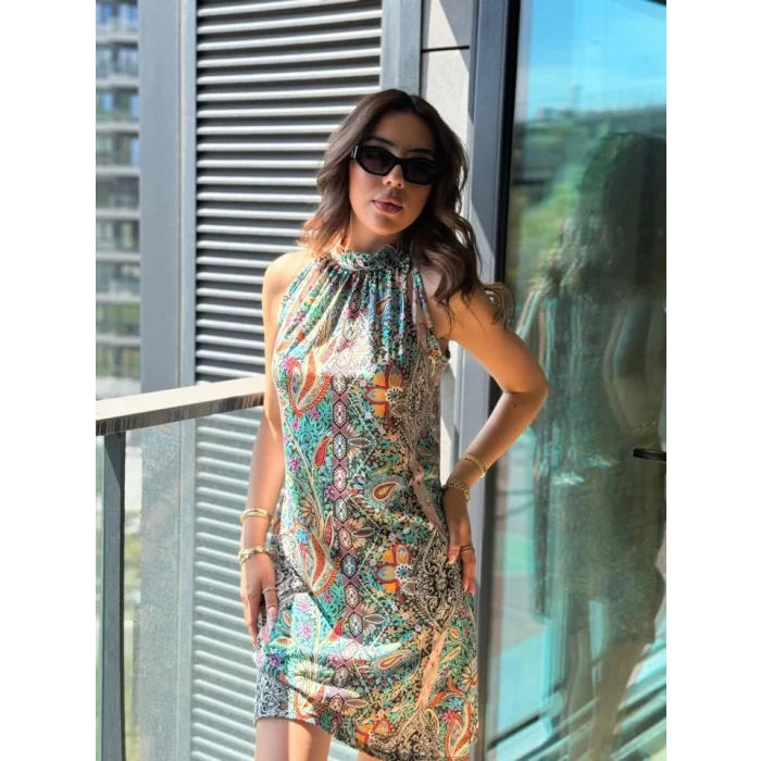 Kadın Kolsuz Boyundan Askılı Desenli Midi Süprem Elbise