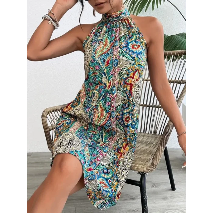 Kadın Sıfır Kol Boyundan Askılı Desenli Midi Süprem Elbise