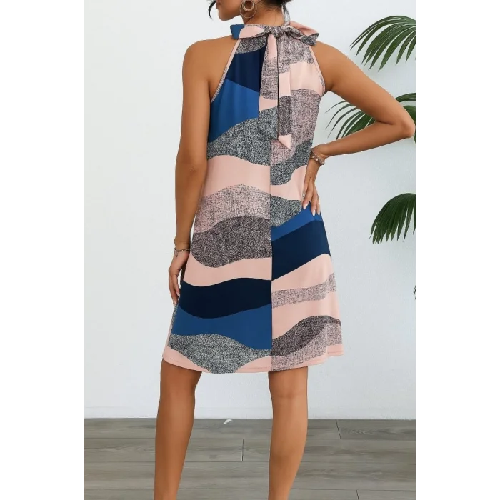 Kadın Kolsuz Boyundan Askılı Desenli Midi Süprem Elbise