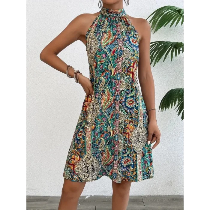 Kadın Sıfır Kol Boyundan Askılı Desenli Midi Süprem Elbise