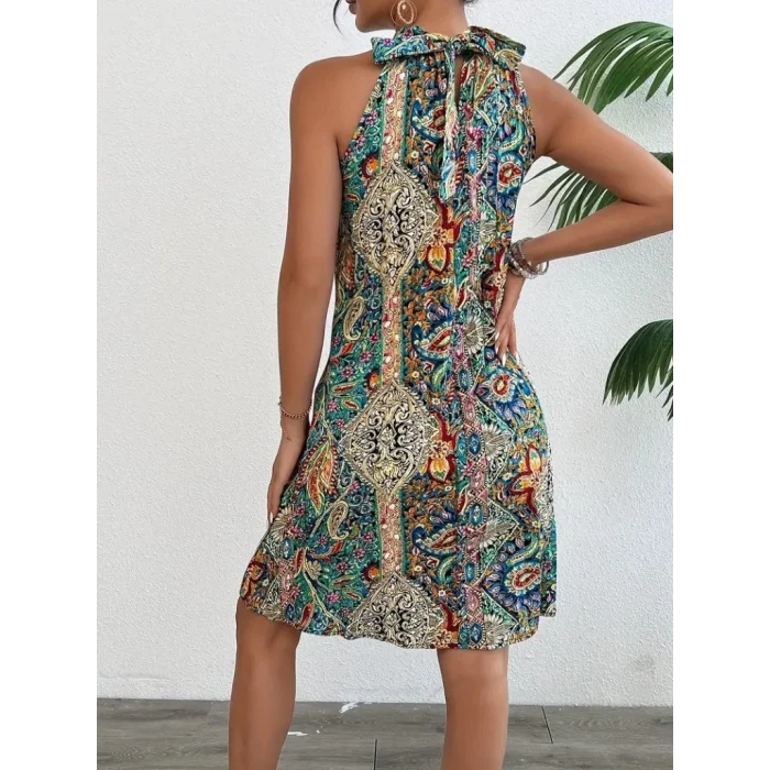 Kadın Sıfır Kol Boyundan Askılı Desenli Midi Süprem Elbise