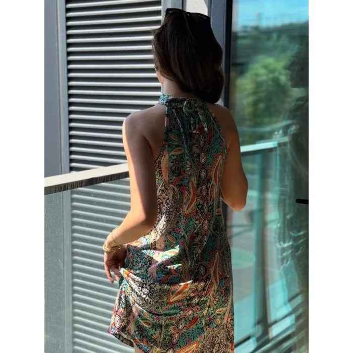 Kadın Kolsuz Boyundan Askılı Desenli Midi Süprem Elbise