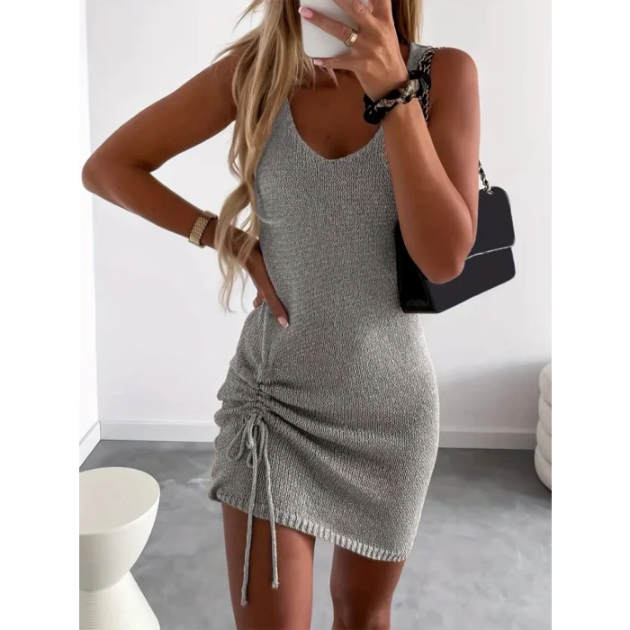 Kadın Kolsuz Eteği Büzgü Detay Triko Elbise