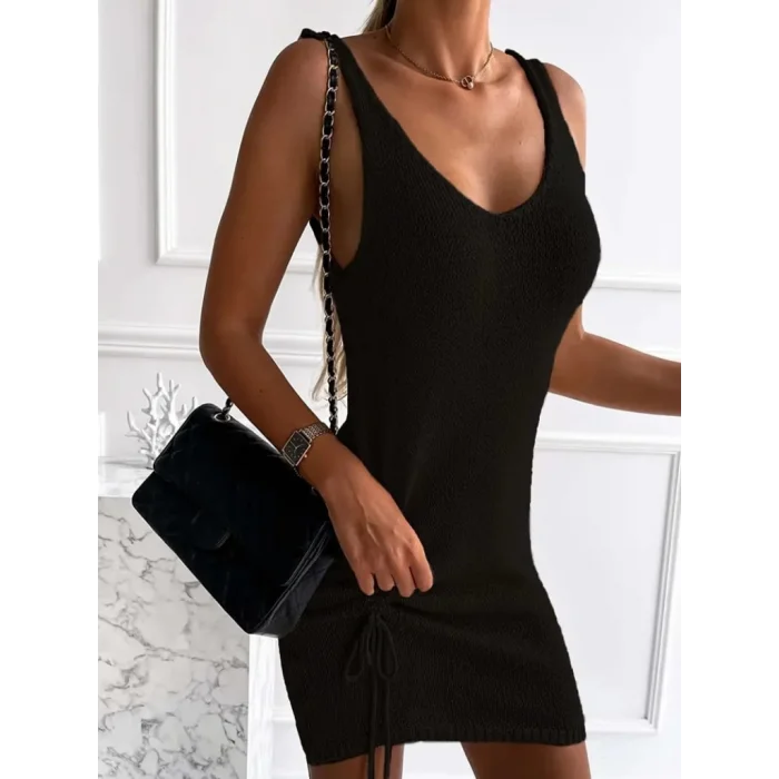 Kadın Kolsuz Eteği Büzgü Detay Triko Elbise