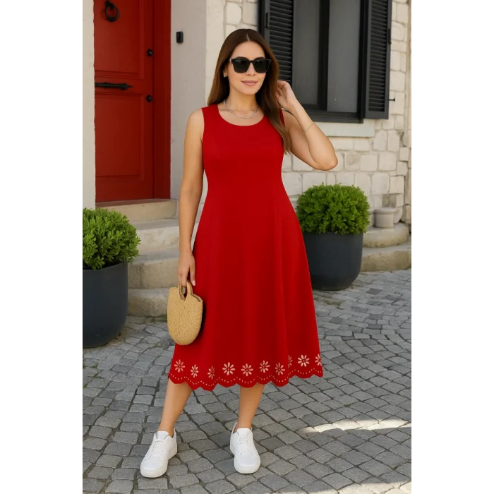 Kadın Kolsuz Etek Ucu Lazer Kesim çiçek Desenli Midi Boy Ithal Krep Elbise