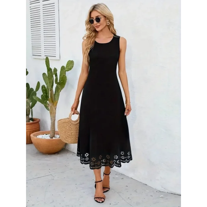 Kadın Kolsuz Etek Ucu Lazer Kesim çiçek Desenli Midi Boy Janjan Krep Elbise