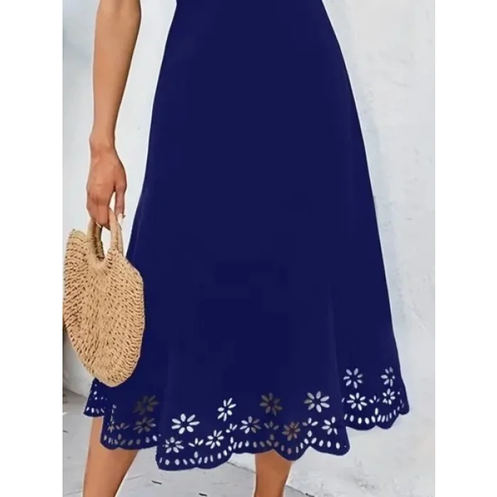 Kadın Kolsuz Etek Ucu Lazer Kesim çiçek Desenli Midi Boy Ithal Krep Elbise