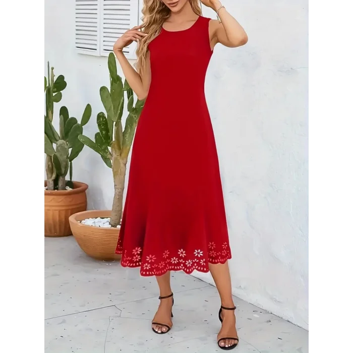 Kadın Kolsuz Etek Ucu Lazer Kesim çiçek Desenli Midi Boy Ithal Krep Elbise