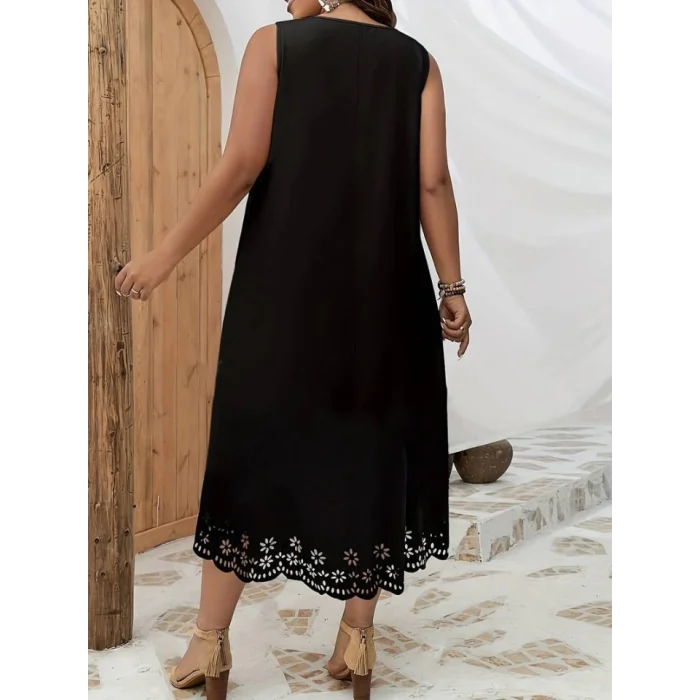 Kadın Kolsuz Etek Ucu Lazer Kesim çiçek Desenli Midi Boy Janjan Krep Elbise