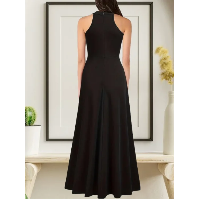 Kadın Halter Yaka Derin Yırtmaç Detaylı Tam Boy Ithal Krep Abiye Elbise