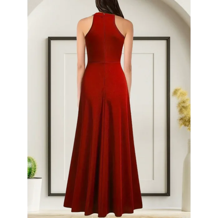 Kadınhalter Yaka Derin Yırtmaç Detaylı Tam Boy Ithal Krep Abiye Elbise