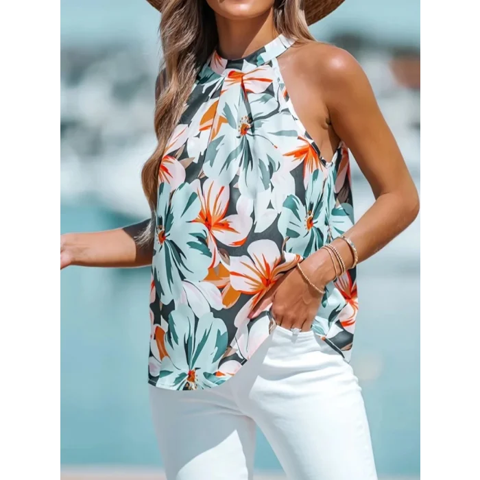 Kadın Kolsuz Halter Yaka Desenli Bluz