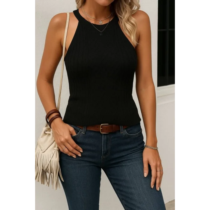 Kadın Kolsuz Halter Yaka Mini Baklava Desenli Triko Bluz