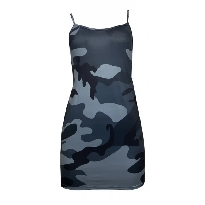 Kadın Kolsuz Ip Askılı Kamuflaj Baskılı Viskon Elbise