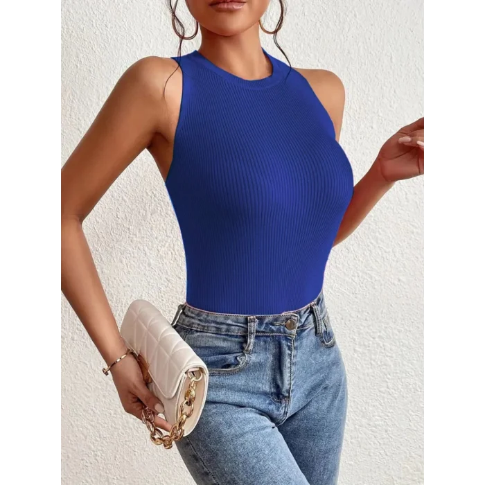 Kadın Kolsuz Sırt çapraz Detay Triko Bluz