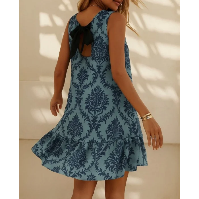 Kadın Kolsuz Sırttan Bağlamalı Fırfırlı Leopar Desenli Süprem Elbise